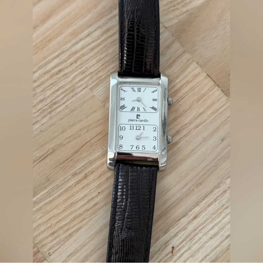 Pierre Cardin Rare Dual Dial Watch Curvex Crystal White Dial Black Leather Strap